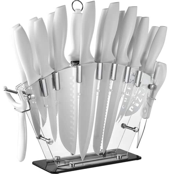 Numhew 19-Piece White Stainless Steel Kitchen Knife Set with Acrylic Block and Sharpener