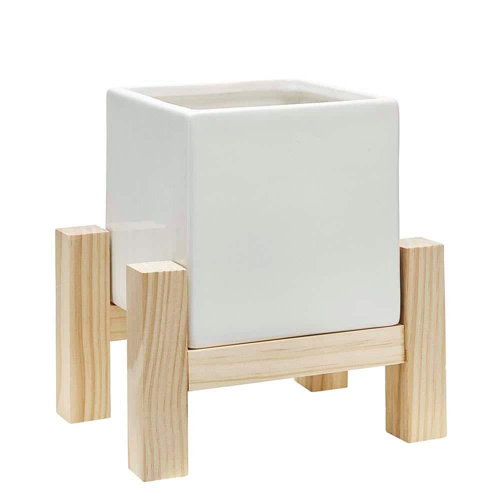 Hemingway 5.3 in. x 7.3 in. White Ceramic Indoor Planter With Wood Stand price history on PriceWatchPro