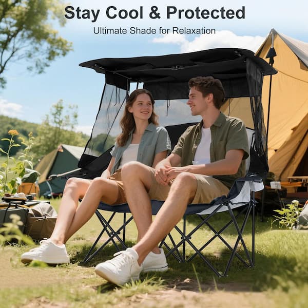 Double Beach Chair with Canopy Shade Oversized Folding Camping Chair Loveseat Camp Chair with Cup Holder, Blue