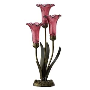 Flora 21.5 in. Brushed Bronze Metal Table Lamp with Cranberry Glass Bell Shades