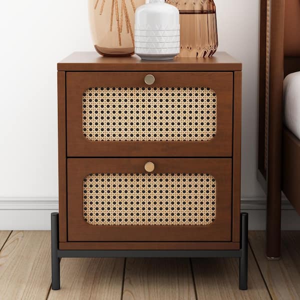 Harper & Bright Designs Walnut 2-Drawer Modern Cannage Rattan Wood 17 in. W Nightstand
