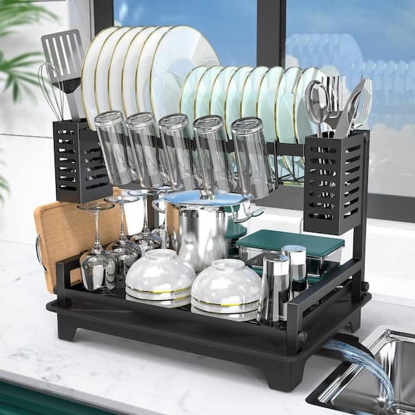 2-Tier Black Dish Rack, Large Dish Drying Rack with Drainboard and Utensil Holders for Kitchen Counter