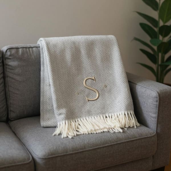 Gray, White Herringbone Cotton Blend Throw Blanket
