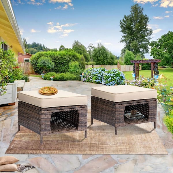 Brown Wicker Outdoor Ottoman Steel Frame Footrest Patio Furniture with Storage Space Beige Cushions