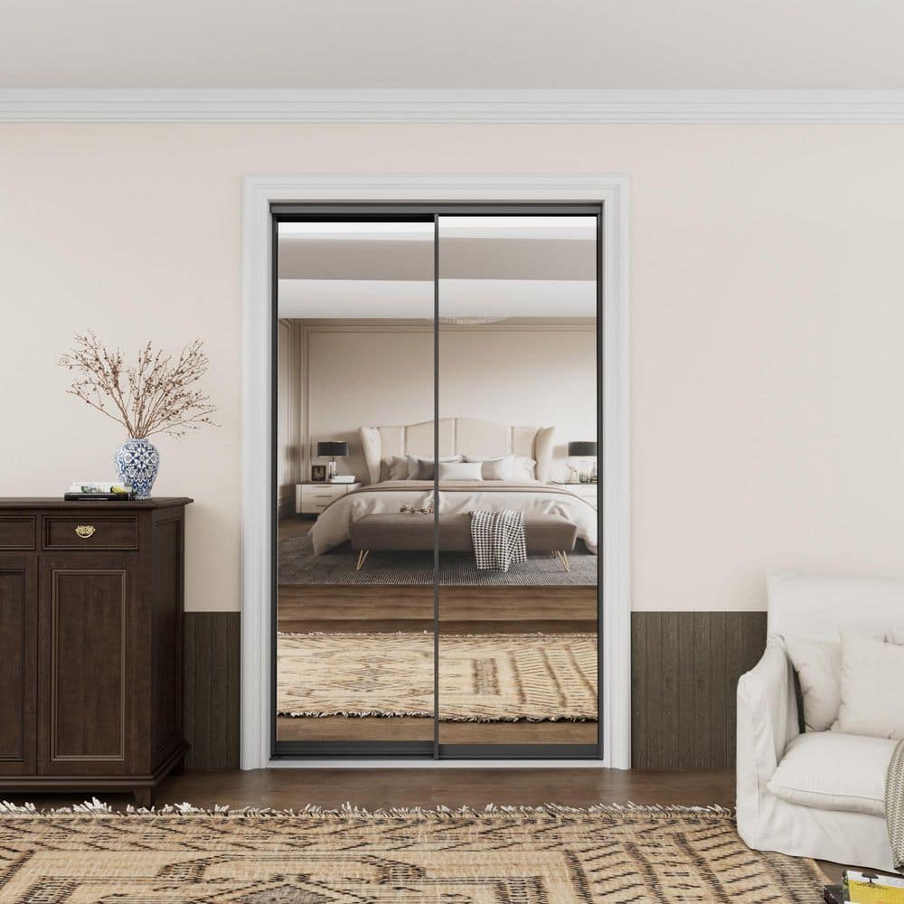 48 in. x 80 in. 1-Lite Black Mirrored Glass and Aluminum Frame Finished Closet Sliding Door with Hardware Kit price history on PriceWatchPro
