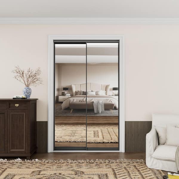 48 in. x 80 in. 1-Lite Black Mirrored Glass and Aluminum Frame Finished Closet Sliding Door with Hardware Kit