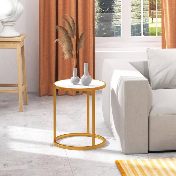 Gymax 16 in. White + Gold Marble Top Round Side Table End Table Golden Metal Frame Gold