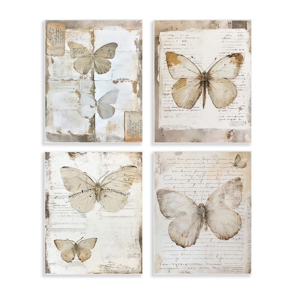 Neutral Vintage Butterflies by RileyB 4-Pieces Unframed Animal Graphic Art Print 14 in. x 11 in.