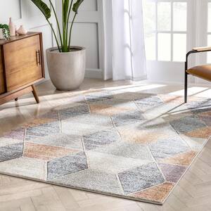 WHOA Mesa Blue/Gold/Ivory/Gray Geometric Distressed 3D Textured 5 ft. 3 in. x 7 ft. 3 in. Area Rug