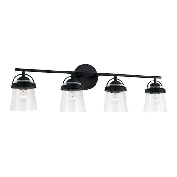 HOMEPLACE LIGHTING 32.5 in. W x 9.5 in. H 4-Light Vanity Light in Matte Black with Clear Seeded Glass