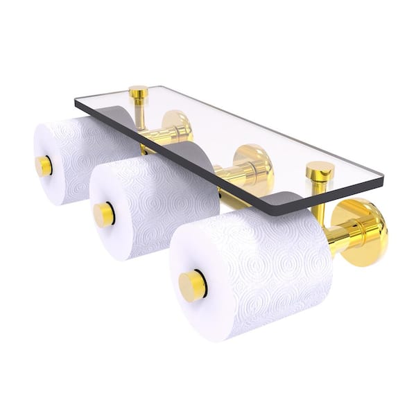 Allied Brass Prestige Skyline Collection Wall Mounted Toilet Paper Holder in Polished Brass with Glass Shelf