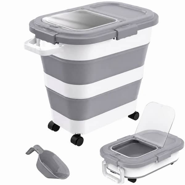 Collapsible Airtight Rice and Dry Food Storage Container with Wheels, Handle, Scoop and Small Bin, Grey