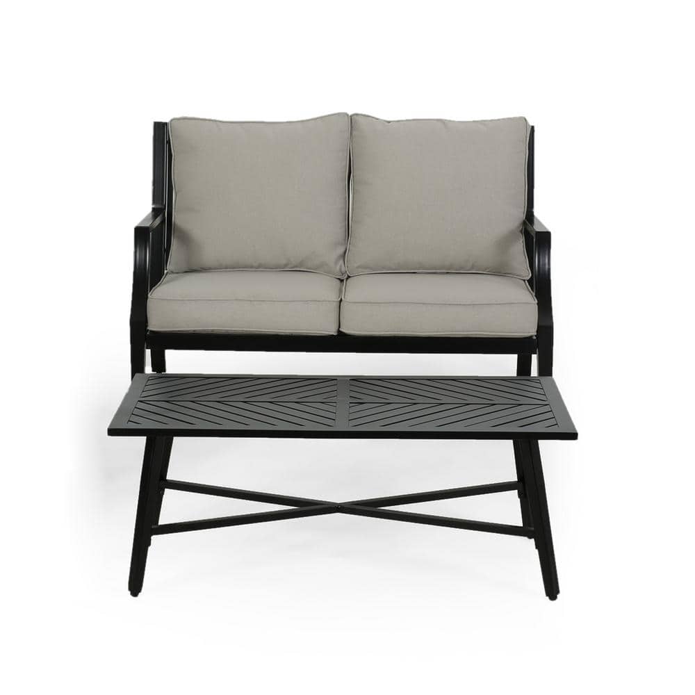 2 Pieces Metal Outdoor Loveseat, with Coffee Table and Light Beige Cushions