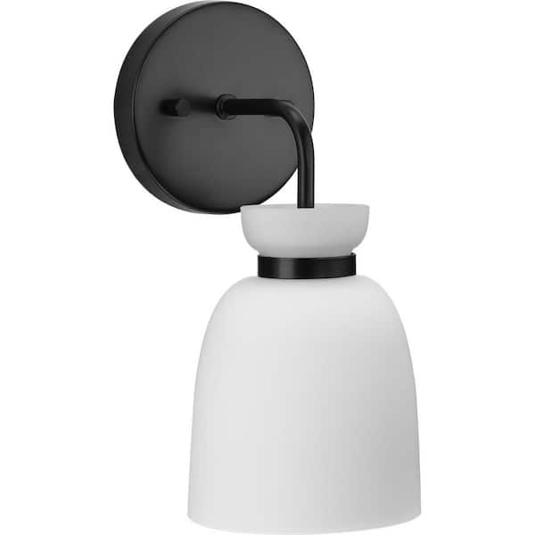 Progress Lighting Lexie 5.12 in. 1-Light Matte Black Vanity Light with Opal Glass Shade