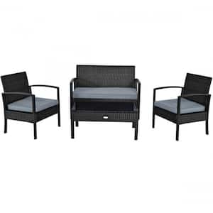 4-Pieces Rattan Wicker Patio Conversation Set with Black Cushions