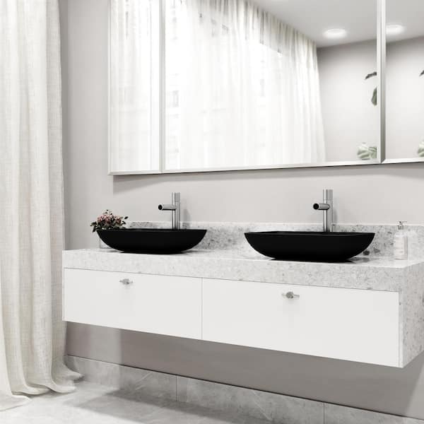 Matte Shell Sottile Glass Rectangular Vessel Bathroom Sink in Black with Ashford Faucet and Pop-Up Drain in Chrome