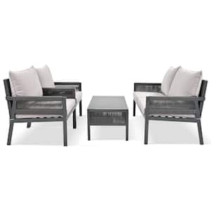 Gray 4-Piece Metal Patio Conversation Set with Gray Cushions