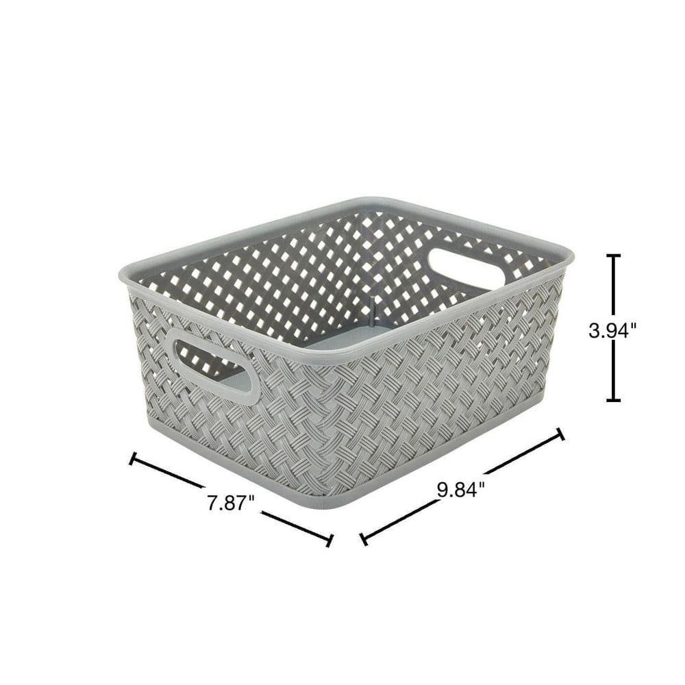 Gray Rectangular Resin Wicker Storage Bin with Handles