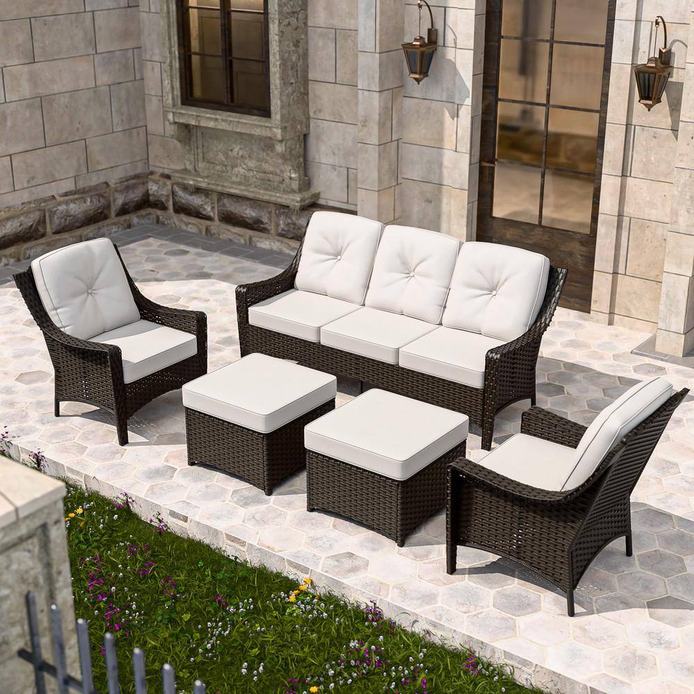 Brown Wicker 5-Piece Outdoor Patio Set with White Cushions