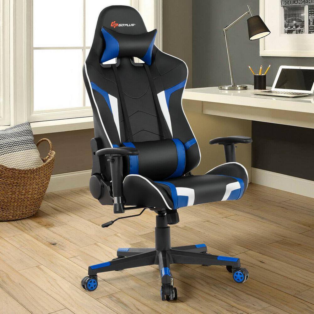 Blue and Black Faux Leather Ergonomic Gaming Chair with Adjustable Arms