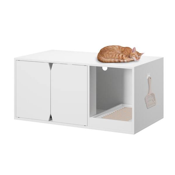 FUFU&GAGA White Wood Cat Litter Box Enclosure Furniture, Modern Large Stackable Cat Washroom Storage Cabinet with Litter Catch Box