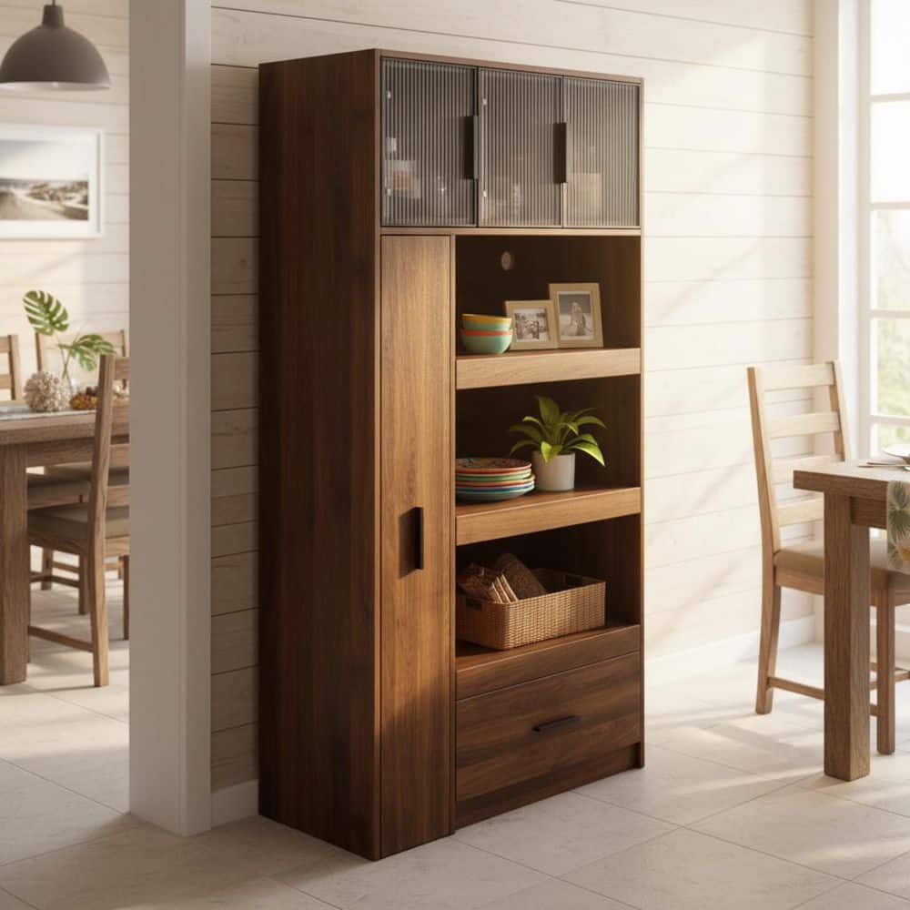 FANLAI Walnut Brown MDF Buffet with Aluminum Frame Glass Doors, 3 Shelves, Drawer and Pull-Out Storage Shelf price history on PriceWatchPro