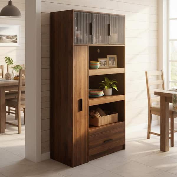 FANLAI Walnut Brown MDF Buffet with Aluminum Frame Glass Doors, 3 Shelves, Drawer and Pull-Out Storage Shelf