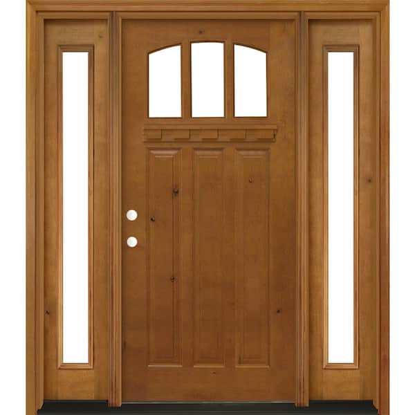 Steves & Sons 60 in. x 80 in. Craftsman 3 Lite Arch Stained Knotty Alder Wood Prehung Front Door with Sidelites
