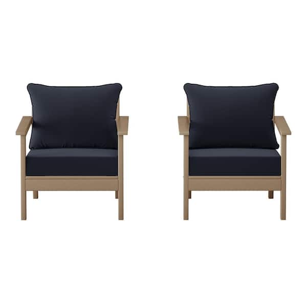 Birchwood Weathered Wood Outdoor Patio (Set of 2) Deep Seating HDPE Lounge Chairs w/ Navy Blue Cushions
