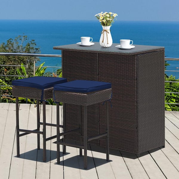 Unbranded 3 Piece Rattan Wicker Outdoor Serving Bar Set with Navy and Off White Cushions