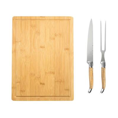 French Home 2-Piece Connoisseur Laguiole Olive Wood Carving Knife and Fork and Bamboo Cutting Board with Moat