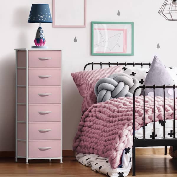 Sorbus Pink 6 Drawer 15.75 in Wide Chest of Drawers, Tall Dresser with Steel Frame, Wood Top and Foldable Fabric Bins