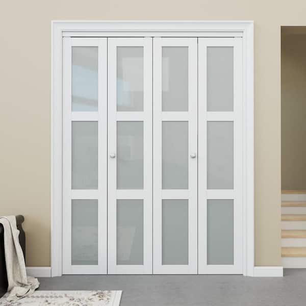 60 in. x 96 in. Solid Core Primed 3-Lite White Tempered Frosted Glass Wood Closet Bi-fold Door with Hardware