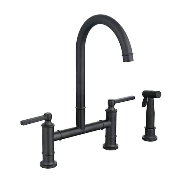 GIVING TREE Swan Double Handle Bridge Kitchen Faucet 360° rotation High-Arc Spout Stainless in Matte Black