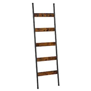 Blanket Ladder, 5-Tier Towel Rack with Hooks, Wall-Leaning Blanket Rack in Rustic Brown and Black