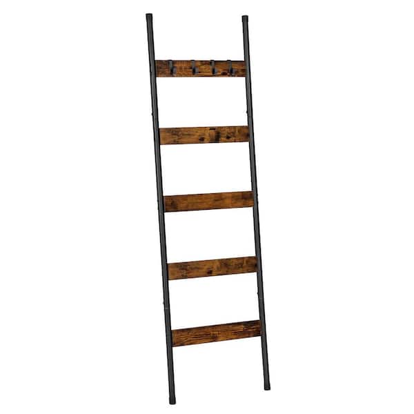 Blanket Ladder, 5-Tier Towel Rack with Hooks, Wall-Leaning Blanket Rack in Rustic Brown and Black