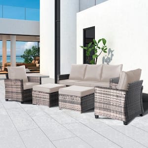 5-Piece Outdoor Wicker Patio Conversation Set with 2 Ottomans and Beige Cushions