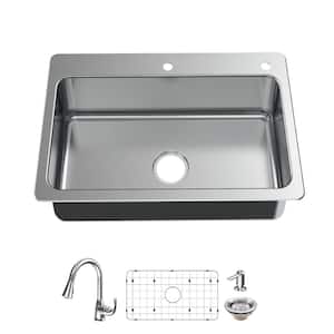 Bratten All-in-One Drop-In/Undermount 18G Stainless Steel 33 in. 2-Hole Single Bowl Kitchen Sink with Pull-Down Faucet