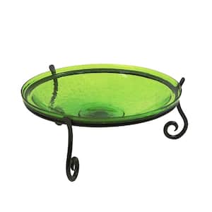 14 in. Dia Fern Green Reflective Crackle Glass Birdbath Bowl with Short Stand II