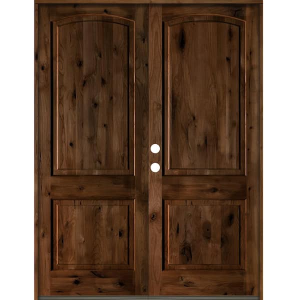Krosswood Doors 60 in. x 96 in. Rustic Knotty Alder 2-Panel Arch Top Provincial Stain Right-Hand Wood Double Prehung Front Door