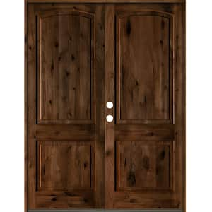 64 in. x 96 in. Rustic Knotty Alder 2-Panel Arch Top Provincial Stain Right-Hand Wood Double Prehung Front Door