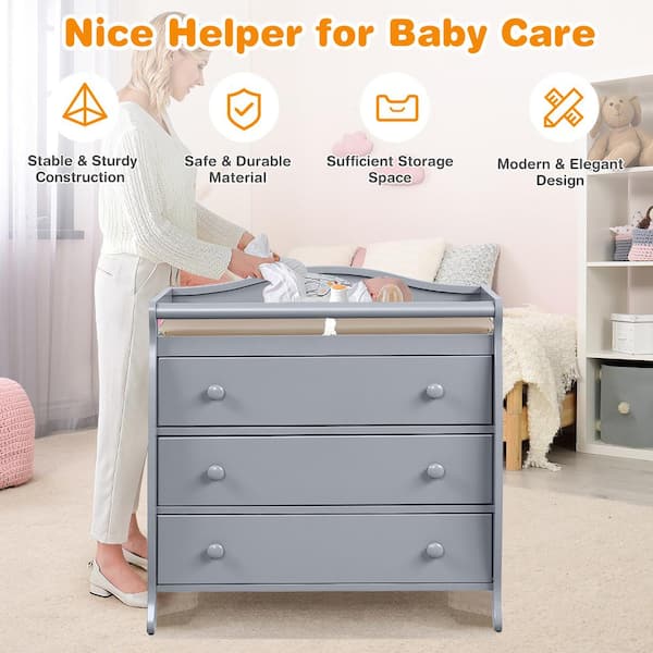 Costway Grey Drawer Baby Changing Table Infant Diaper Changing