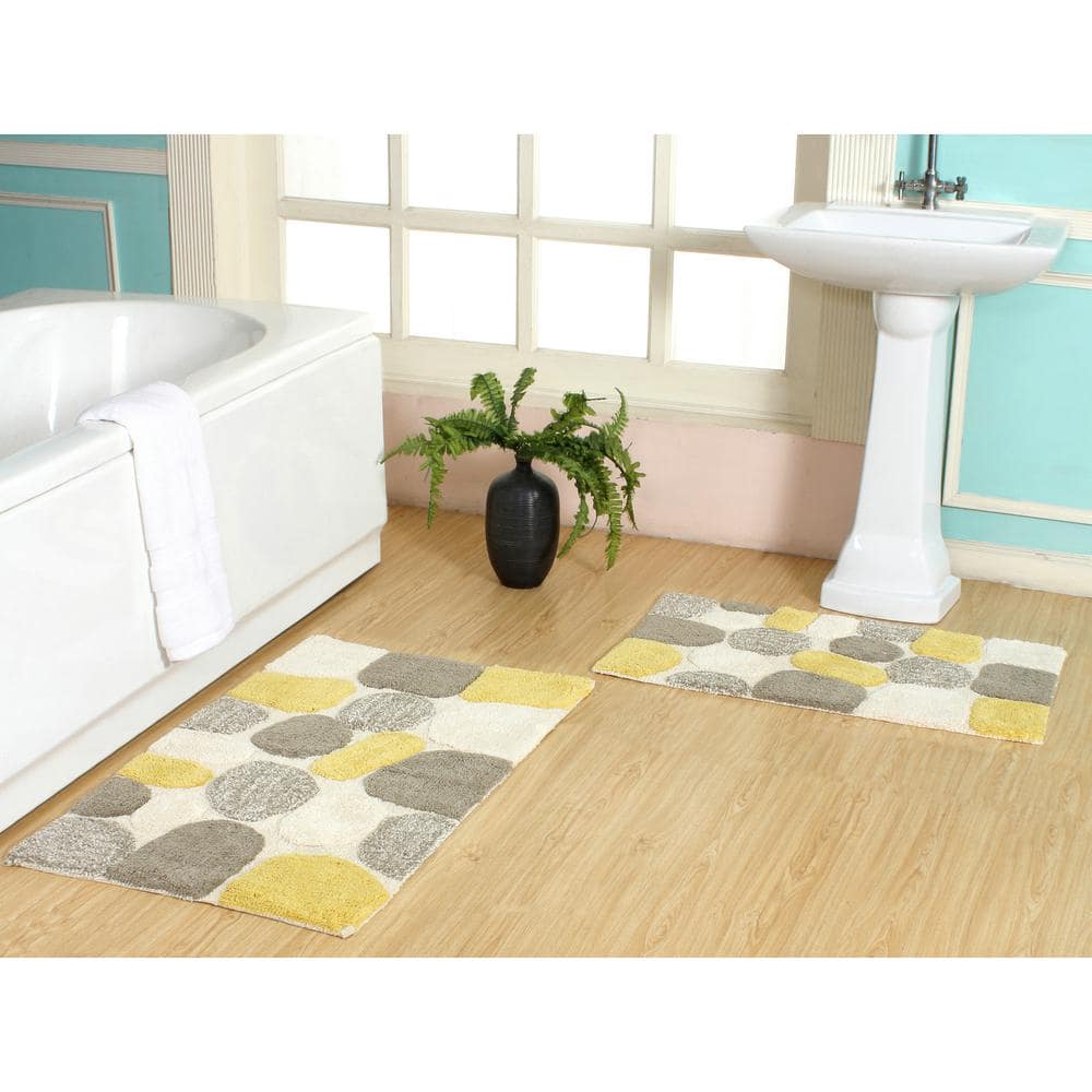 Yellow and Olive Cotton Pebble Pattern Bath Rug Set