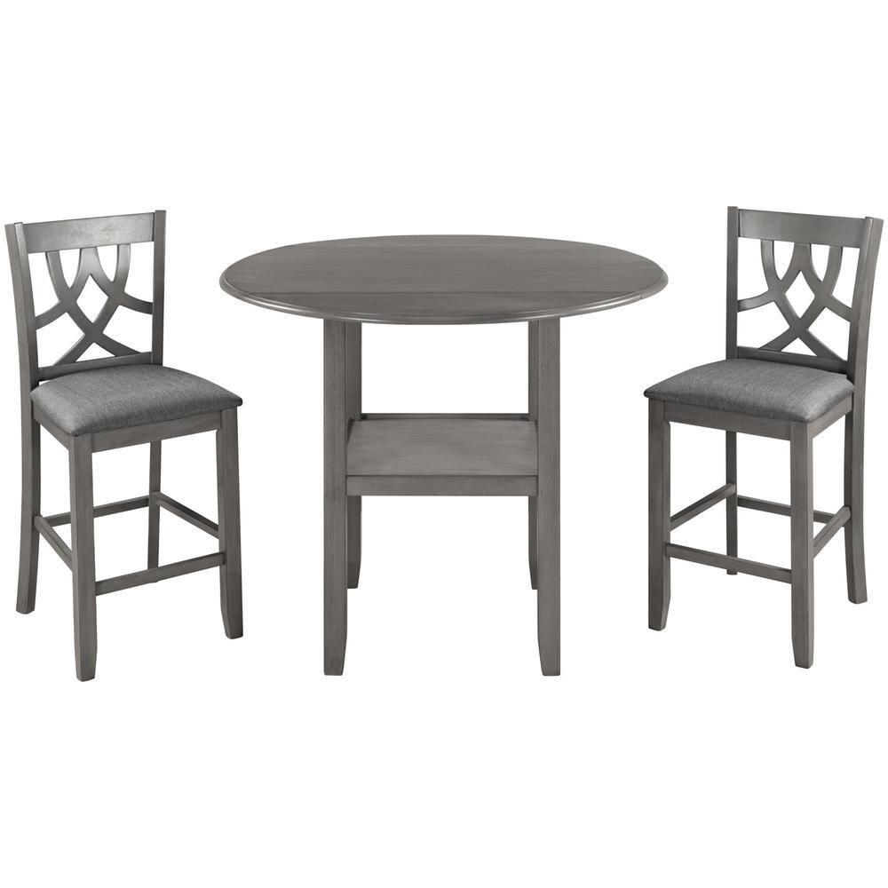 URTR 3 Piece Round Gray Wood Top Dining Table Set with Drop Leaf Table