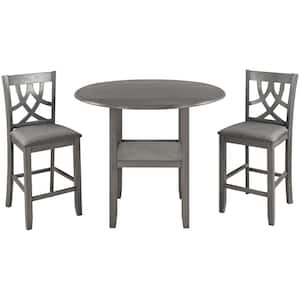 3 Piece Round Gray Wood Top Dining Table Set with Drop Leaf Table One Shelf and 2-Cross Back Fabric Upholstered Chairs