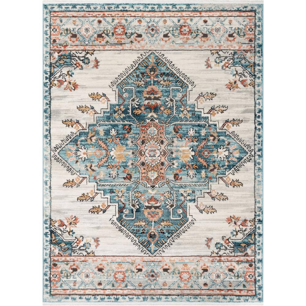 Oriental Blue Synthetic 5' x 7' Easy-Care Stain-Resistant Area Rug