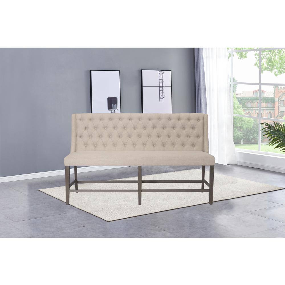 High-Back Rustic Beige Linen & Wood Dining Bench