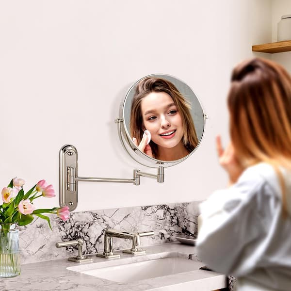 8.5 in. W x 8.5 in. H Round 1x/15x Magnification,Swing Arms Wall Mount Bathroom Makeup Mirror in Brushed Nickel
