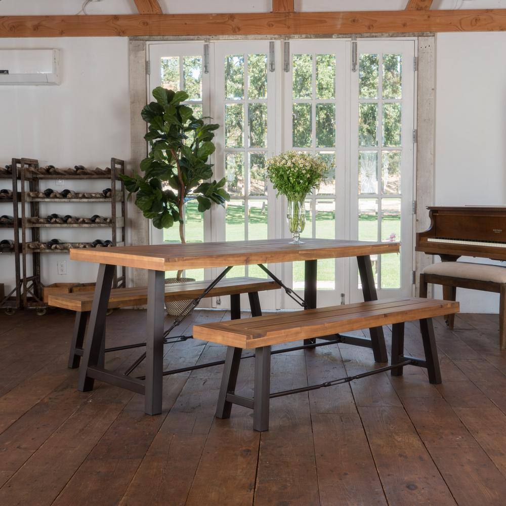 Acacia Wood and Iron 3-Piece Picnic Dining Set