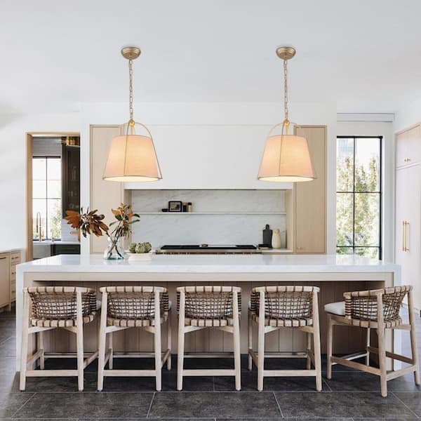 Haven 1-Light 14.6 in.W Gold Drum Pendant Light with Linen Fabric Cover for Kitchen/Living Room